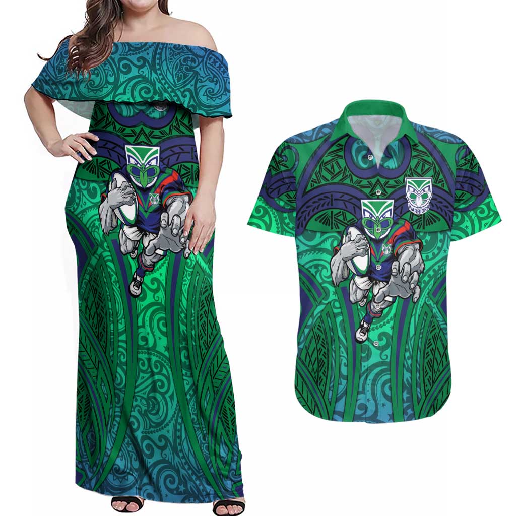 New Zealand Warriors Rugby Couples Matching Off Shoulder Maxi Dress and Hawaiian Shirt Polynesian Tribal Warrior Mask Green Blue Pattern