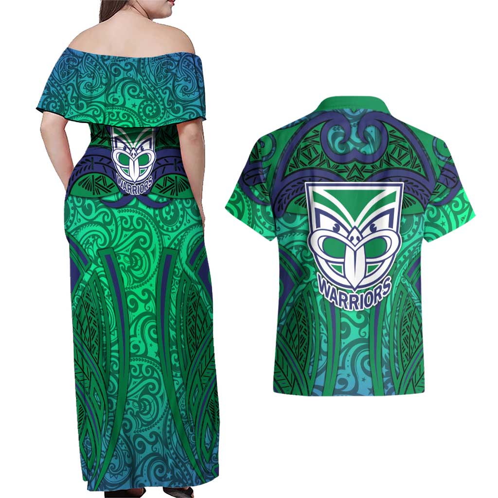 New Zealand Warriors Rugby Couples Matching Off Shoulder Maxi Dress and Hawaiian Shirt Polynesian Tribal Warrior Mask Green Blue Pattern