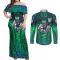 New Zealand Warriors Rugby Couples Matching Off Shoulder Maxi Dress and Long Sleeve Button Shirt Polynesian Tribal Warrior Mask Green Blue Pattern