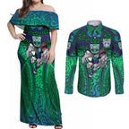 New Zealand Warriors Rugby Couples Matching Off Shoulder Maxi Dress and Long Sleeve Button Shirt Polynesian Tribal Warrior Mask Green Blue Pattern