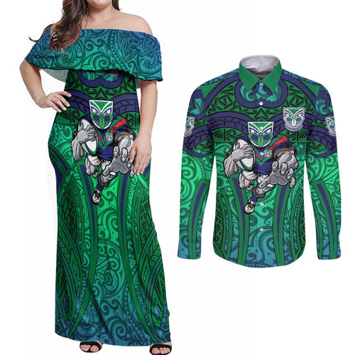 New Zealand Warriors Rugby Couples Matching Off Shoulder Maxi Dress and Long Sleeve Button Shirt Polynesian Tribal Warrior Mask Green Blue Pattern