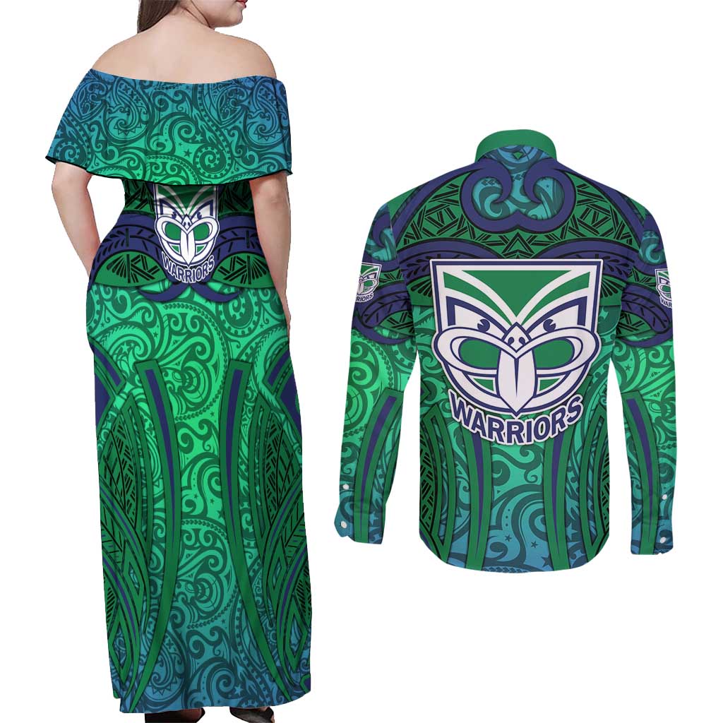 New Zealand Warriors Rugby Couples Matching Off Shoulder Maxi Dress and Long Sleeve Button Shirt Polynesian Tribal Warrior Mask Green Blue Pattern