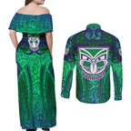 New Zealand Warriors Rugby Couples Matching Off Shoulder Maxi Dress and Long Sleeve Button Shirt Polynesian Tribal Warrior Mask Green Blue Pattern