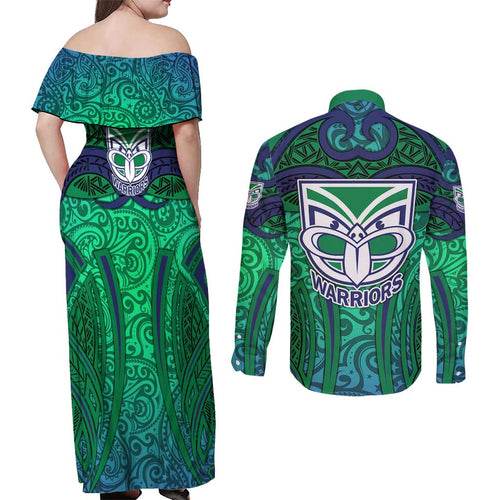 New Zealand Warriors Rugby Couples Matching Off Shoulder Maxi Dress and Long Sleeve Button Shirt Polynesian Tribal Warrior Mask Green Blue Pattern
