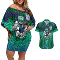 New Zealand Warriors Rugby Couples Matching Off Shoulder Short Dress and Hawaiian Shirt Polynesian Tribal Warrior Mask Green Blue Pattern