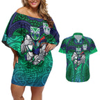 New Zealand Warriors Rugby Couples Matching Off Shoulder Short Dress and Hawaiian Shirt Polynesian Tribal Warrior Mask Green Blue Pattern