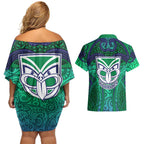 New Zealand Warriors Rugby Couples Matching Off Shoulder Short Dress and Hawaiian Shirt Polynesian Tribal Warrior Mask Green Blue Pattern