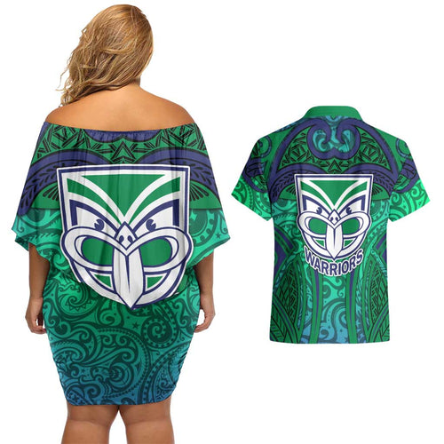 New Zealand Warriors Rugby Couples Matching Off Shoulder Short Dress and Hawaiian Shirt Polynesian Tribal Warrior Mask Green Blue Pattern