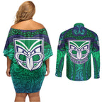 New Zealand Warriors Rugby Couples Matching Off Shoulder Short Dress and Long Sleeve Button Shirt Polynesian Tribal Warrior Mask Green Blue Pattern