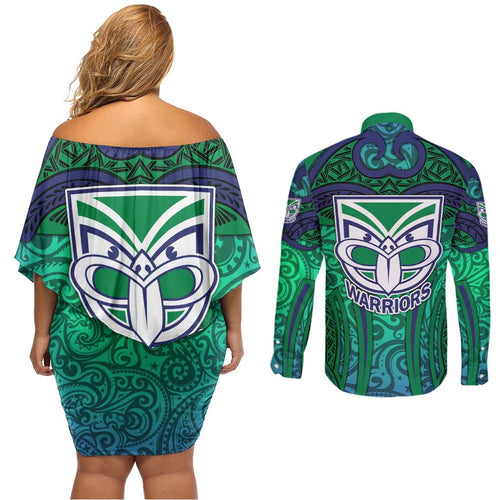 New Zealand Warriors Rugby Couples Matching Off Shoulder Short Dress and Long Sleeve Button Shirt Polynesian Tribal Warrior Mask Green Blue Pattern