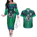 New Zealand Warriors Rugby Couples Matching Off The Shoulder Long Sleeve Dress and Hawaiian Shirt Polynesian Tribal Warrior Mask Green Blue Pattern