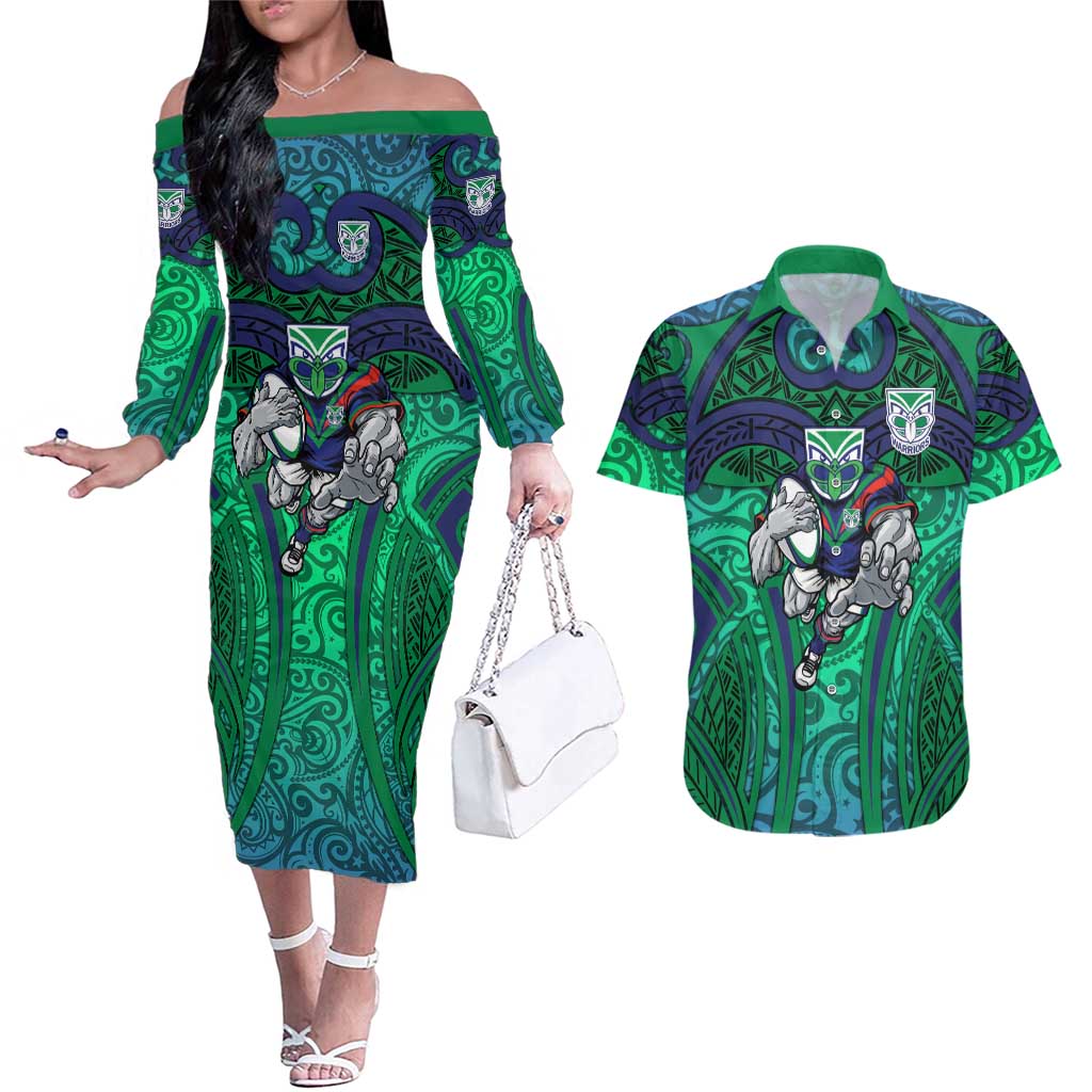 New Zealand Warriors Rugby Couples Matching Off The Shoulder Long Sleeve Dress and Hawaiian Shirt Polynesian Tribal Warrior Mask Green Blue Pattern