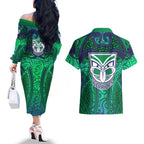 New Zealand Warriors Rugby Couples Matching Off The Shoulder Long Sleeve Dress and Hawaiian Shirt Polynesian Tribal Warrior Mask Green Blue Pattern