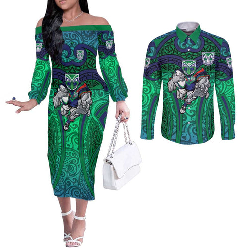 New Zealand Warriors Rugby Couples Matching Off The Shoulder Long Sleeve Dress and Long Sleeve Button Shirt Polynesian Tribal Warrior Mask Green Blue Pattern