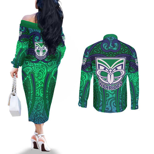 New Zealand Warriors Rugby Couples Matching Off The Shoulder Long Sleeve Dress and Long Sleeve Button Shirt Polynesian Tribal Warrior Mask Green Blue Pattern