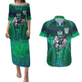 New Zealand Warriors Rugby Couples Matching Puletasi and Hawaiian Shirt Polynesian Tribal Warrior Mask Green Blue Pattern