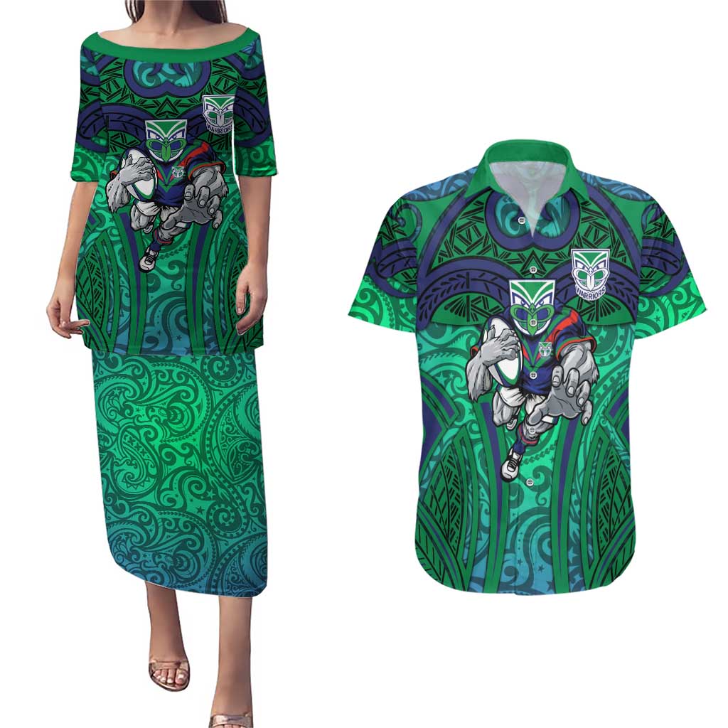 New Zealand Warriors Rugby Couples Matching Puletasi and Hawaiian Shirt Polynesian Tribal Warrior Mask Green Blue Pattern