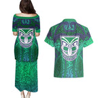 New Zealand Warriors Rugby Couples Matching Puletasi and Hawaiian Shirt Polynesian Tribal Warrior Mask Green Blue Pattern