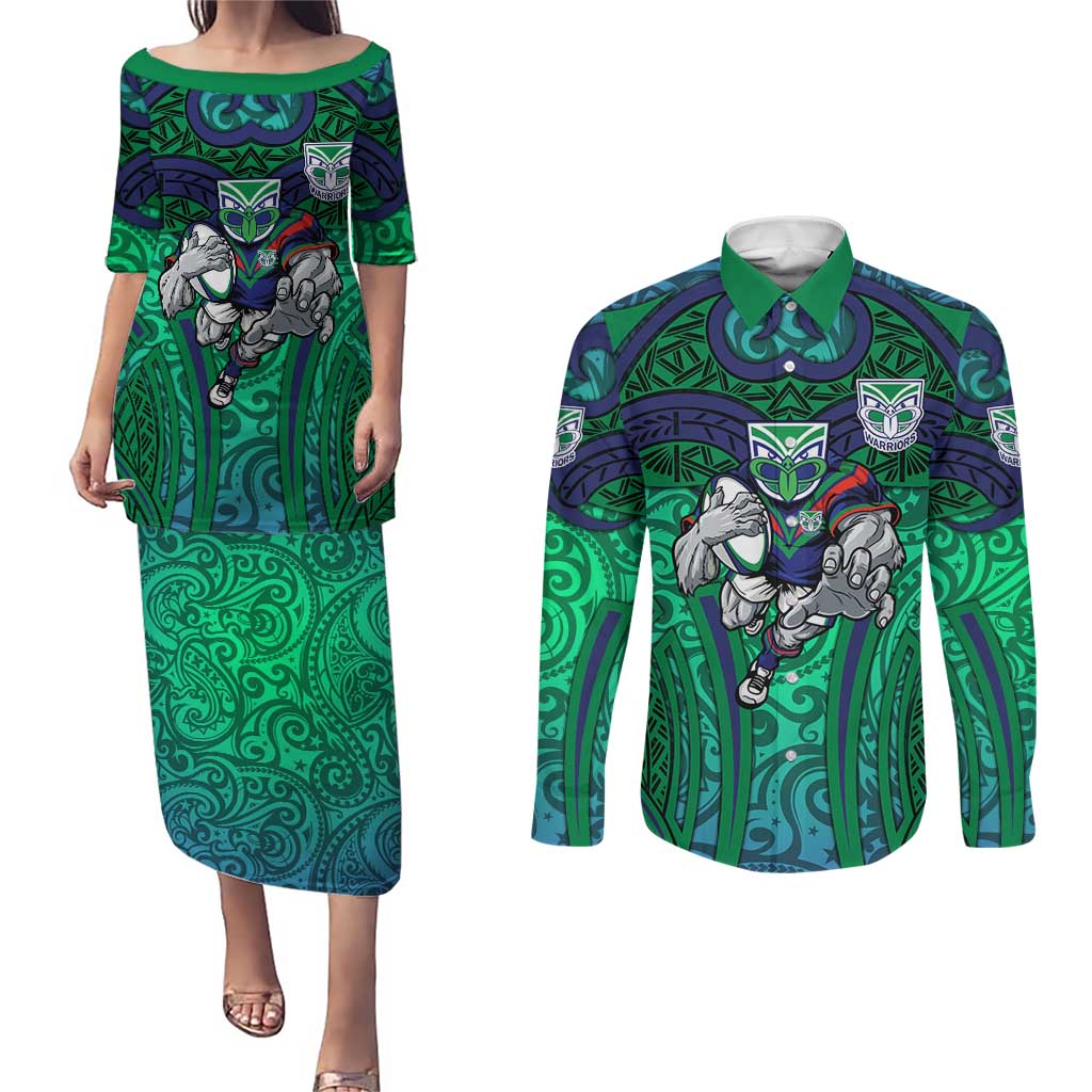 New Zealand Warriors Rugby Couples Matching Puletasi and Long Sleeve Button Shirt Polynesian Tribal Warrior Mask Green Blue Pattern
