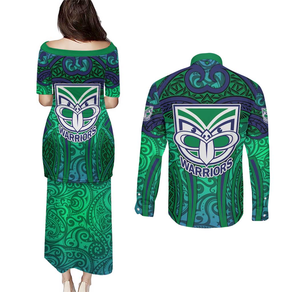 New Zealand Warriors Rugby Couples Matching Puletasi and Long Sleeve Button Shirt Polynesian Tribal Warrior Mask Green Blue Pattern