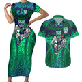 New Zealand Warriors Rugby Couples Matching Short Sleeve Bodycon Dress and Hawaiian Shirt Polynesian Tribal Warrior Mask Green Blue Pattern