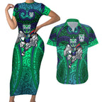 New Zealand Warriors Rugby Couples Matching Short Sleeve Bodycon Dress and Hawaiian Shirt Polynesian Tribal Warrior Mask Green Blue Pattern