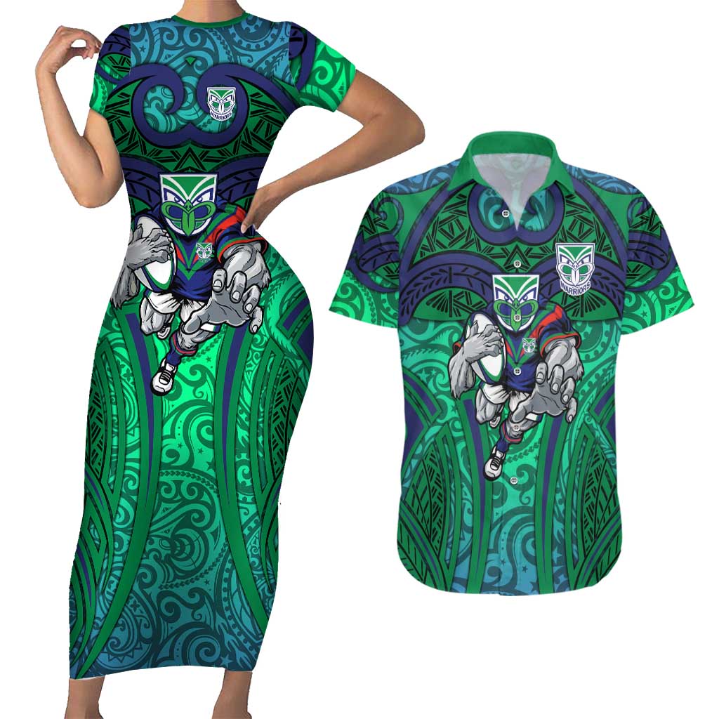 New Zealand Warriors Rugby Couples Matching Short Sleeve Bodycon Dress and Hawaiian Shirt Polynesian Tribal Warrior Mask Green Blue Pattern