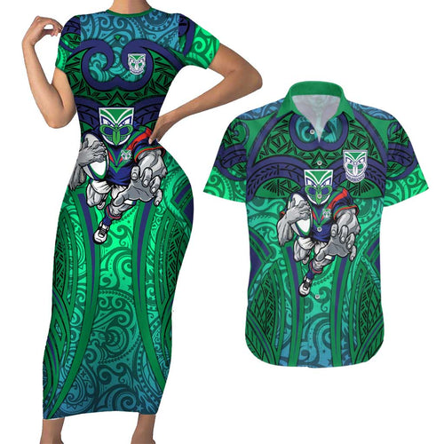 New Zealand Warriors Rugby Couples Matching Short Sleeve Bodycon Dress and Hawaiian Shirt Polynesian Tribal Warrior Mask Green Blue Pattern