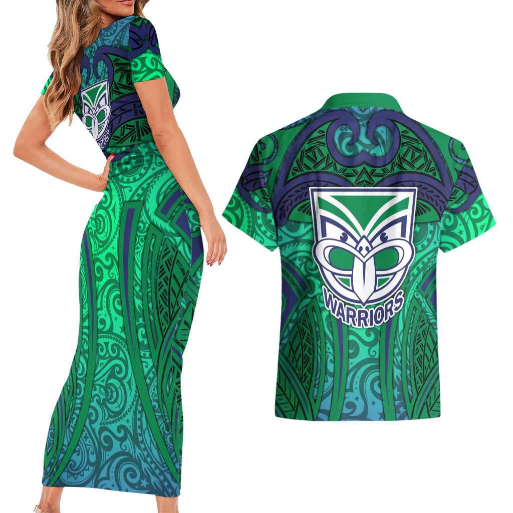 New Zealand Warriors Rugby Couples Matching Short Sleeve Bodycon Dress and Hawaiian Shirt Polynesian Tribal Warrior Mask Green Blue Pattern