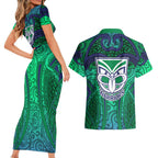 New Zealand Warriors Rugby Couples Matching Short Sleeve Bodycon Dress and Hawaiian Shirt Polynesian Tribal Warrior Mask Green Blue Pattern