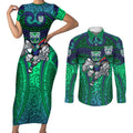 New Zealand Warriors Rugby Couples Matching Short Sleeve Bodycon Dress and Long Sleeve Button Shirt Polynesian Tribal Warrior Mask Green Blue Pattern