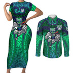 New Zealand Warriors Rugby Couples Matching Short Sleeve Bodycon Dress and Long Sleeve Button Shirt Polynesian Tribal Warrior Mask Green Blue Pattern