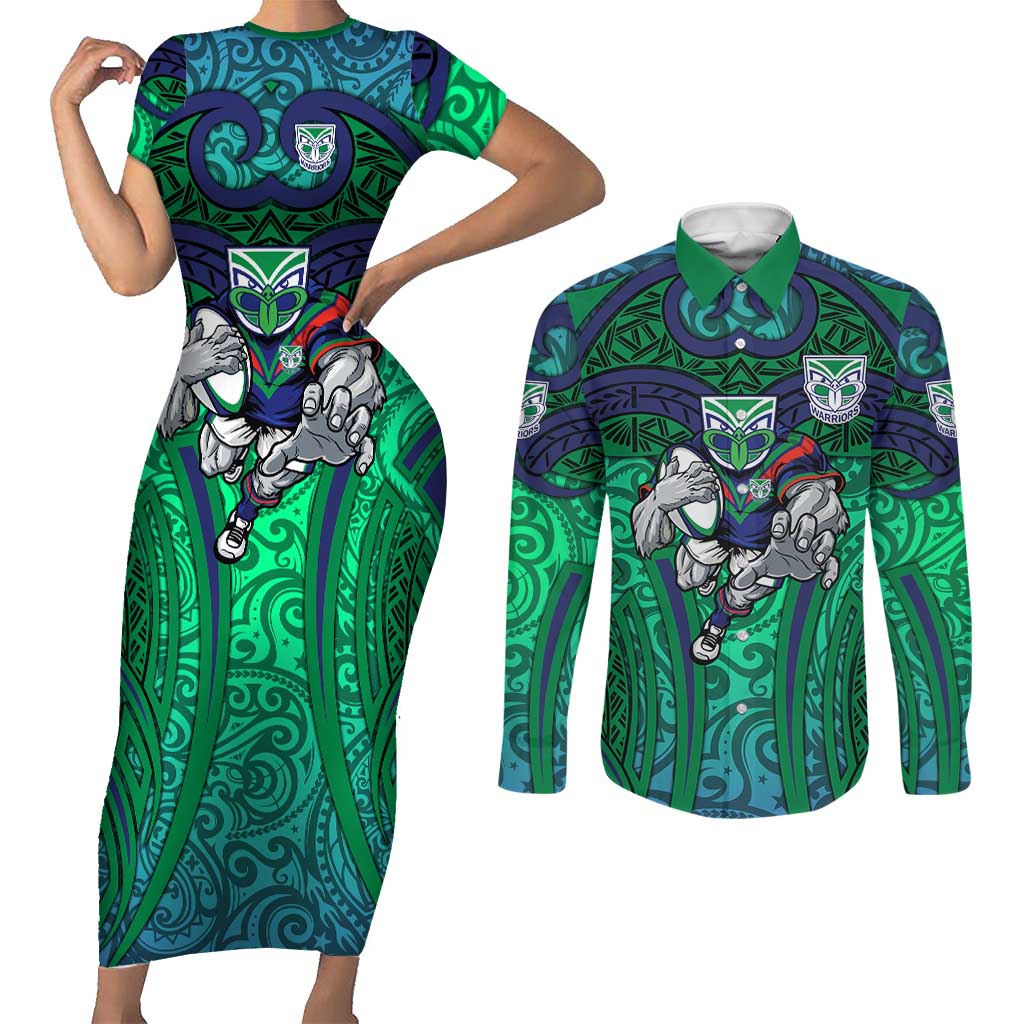 New Zealand Warriors Rugby Couples Matching Short Sleeve Bodycon Dress and Long Sleeve Button Shirt Polynesian Tribal Warrior Mask Green Blue Pattern