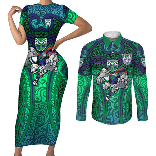 New Zealand Warriors Rugby Couples Matching Short Sleeve Bodycon Dress and Long Sleeve Button Shirt Polynesian Tribal Warrior Mask Green Blue Pattern