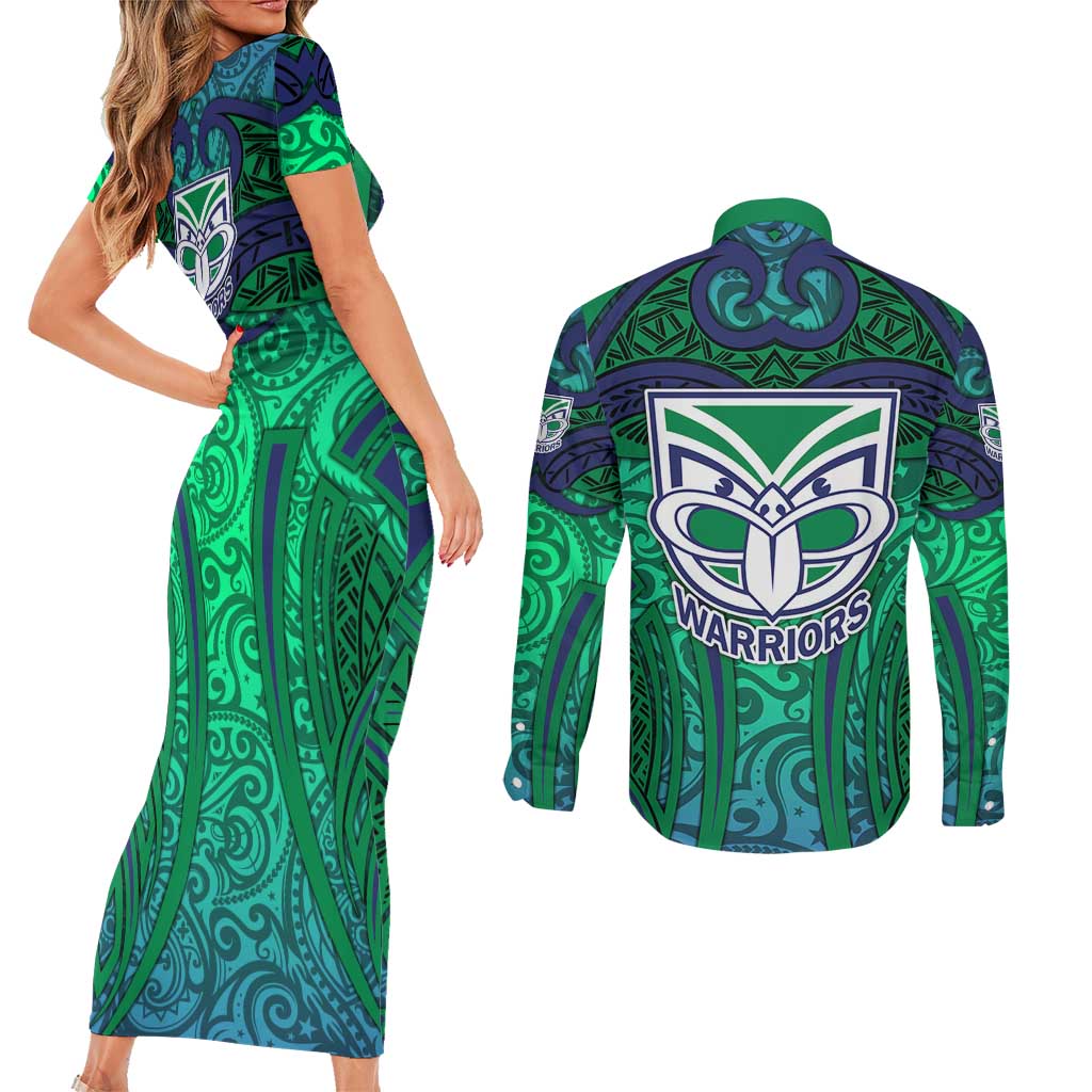 New Zealand Warriors Rugby Couples Matching Short Sleeve Bodycon Dress and Long Sleeve Button Shirt Polynesian Tribal Warrior Mask Green Blue Pattern