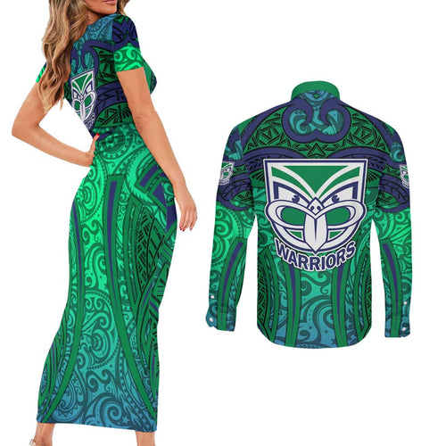 New Zealand Warriors Rugby Couples Matching Short Sleeve Bodycon Dress and Long Sleeve Button Shirt Polynesian Tribal Warrior Mask Green Blue Pattern