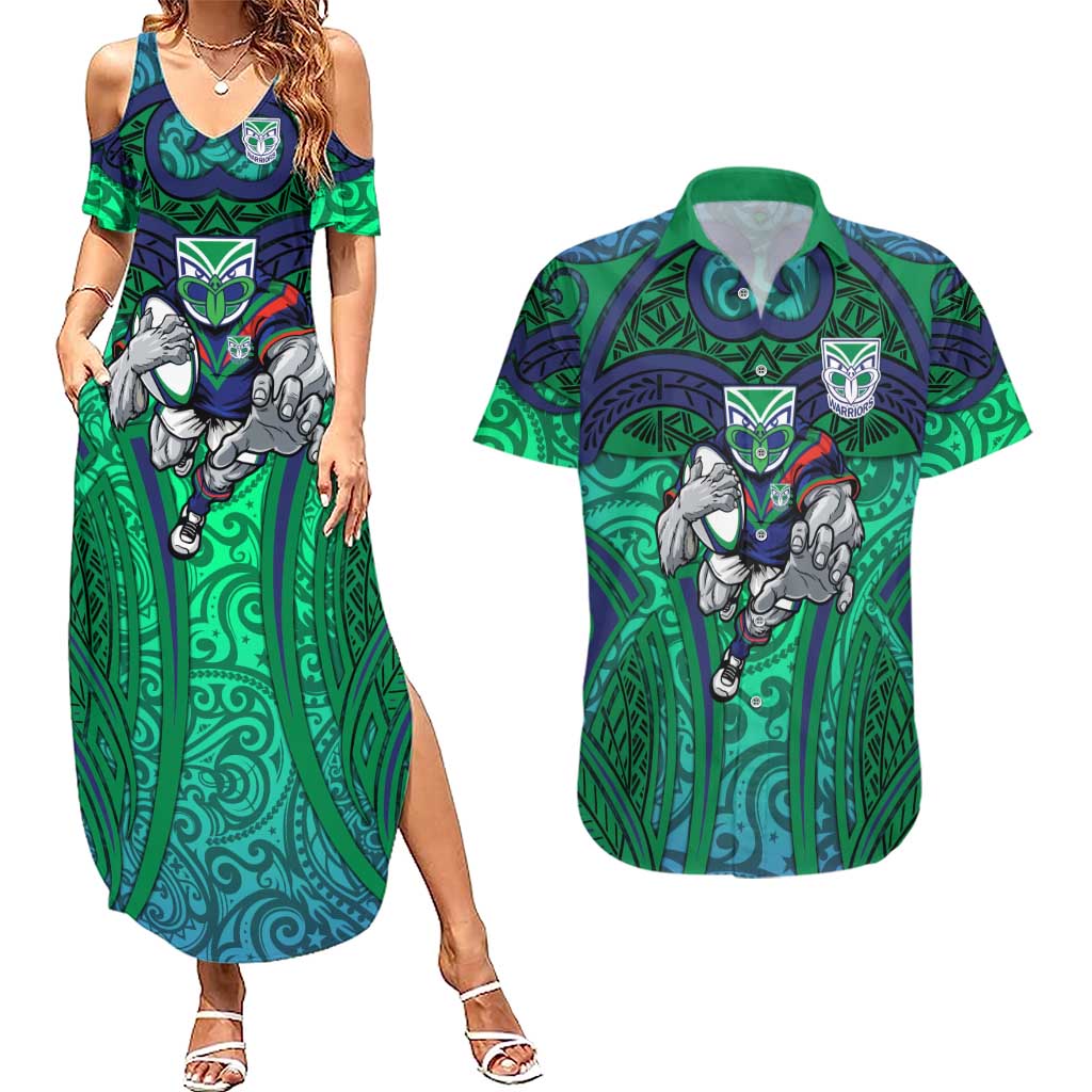 New Zealand Warriors Rugby Couples Matching Summer Maxi Dress and Hawaiian Shirt Polynesian Tribal Warrior Mask Green Blue Pattern