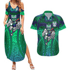 New Zealand Warriors Rugby Couples Matching Summer Maxi Dress and Hawaiian Shirt Polynesian Tribal Warrior Mask Green Blue Pattern