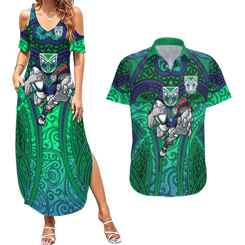 New Zealand Warriors Rugby Couples Matching Summer Maxi Dress and Hawaiian Shirt Polynesian Tribal Warrior Mask Green Blue Pattern
