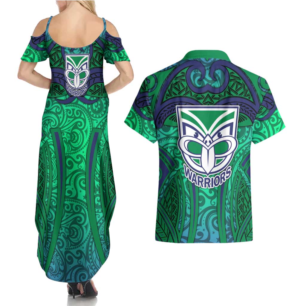 New Zealand Warriors Rugby Couples Matching Summer Maxi Dress and Hawaiian Shirt Polynesian Tribal Warrior Mask Green Blue Pattern