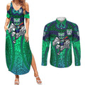 New Zealand Warriors Rugby Couples Matching Summer Maxi Dress and Long Sleeve Button Shirt Polynesian Tribal Warrior Mask Green Blue Pattern