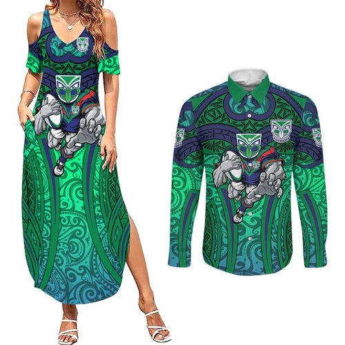 New Zealand Warriors Rugby Couples Matching Summer Maxi Dress and Long Sleeve Button Shirt Polynesian Tribal Warrior Mask Green Blue Pattern