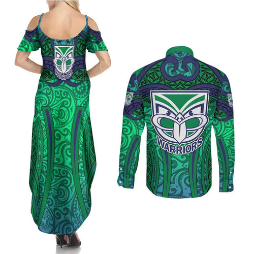New Zealand Warriors Rugby Couples Matching Summer Maxi Dress and Long Sleeve Button Shirt Polynesian Tribal Warrior Mask Green Blue Pattern