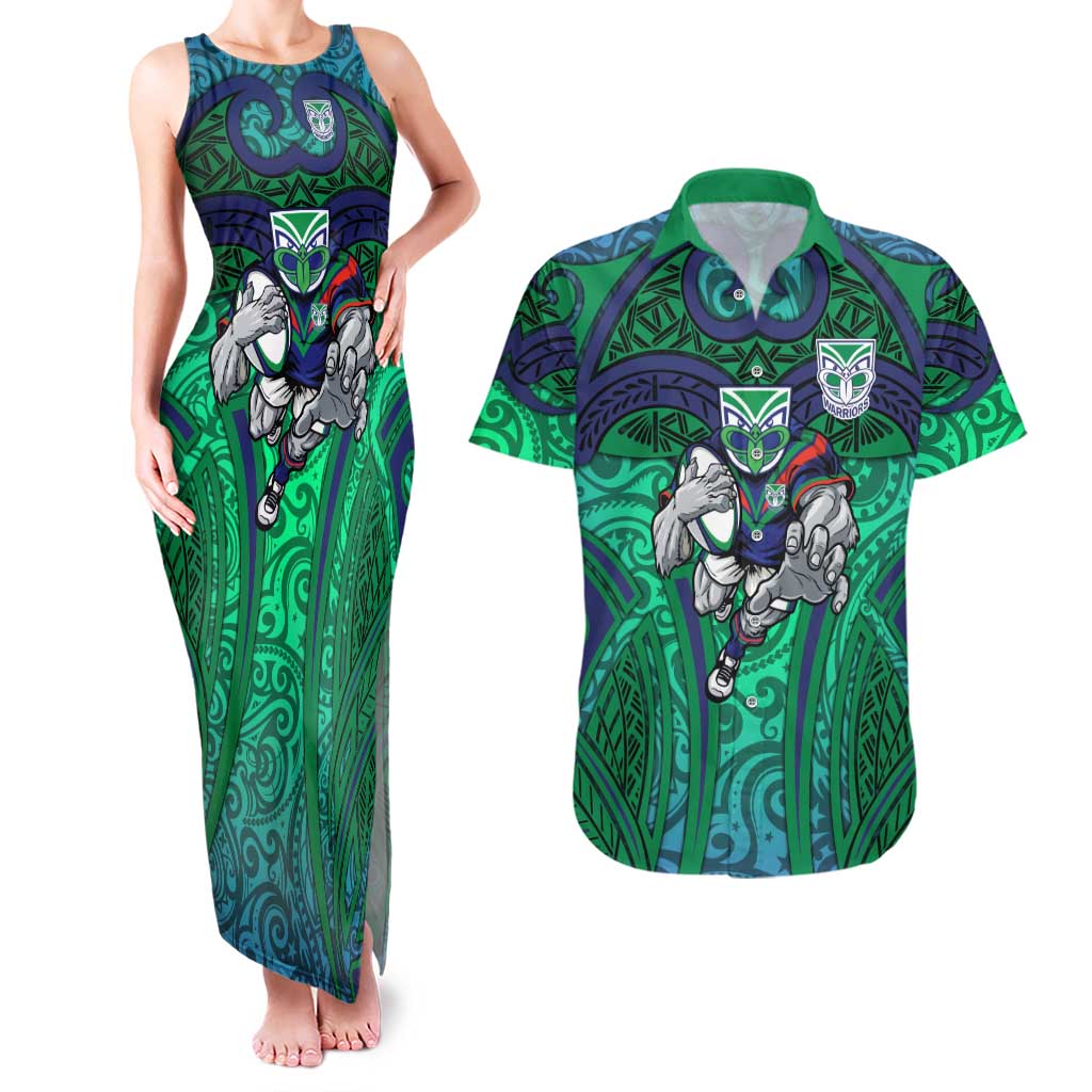 New Zealand Warriors Rugby Couples Matching Tank Maxi Dress and Hawaiian Shirt Polynesian Tribal Warrior Mask Green Blue Pattern