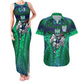 New Zealand Warriors Rugby Couples Matching Tank Maxi Dress and Hawaiian Shirt Polynesian Tribal Warrior Mask Green Blue Pattern