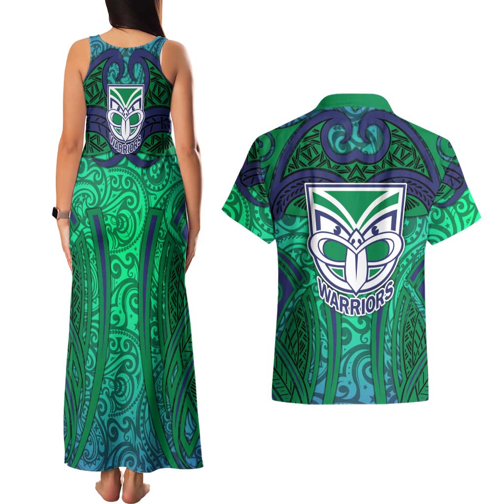 New Zealand Warriors Rugby Couples Matching Tank Maxi Dress and Hawaiian Shirt Polynesian Tribal Warrior Mask Green Blue Pattern