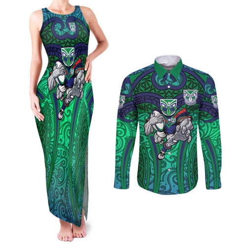 New Zealand Warriors Rugby Couples Matching Tank Maxi Dress and Long Sleeve Button Shirt Polynesian Tribal Warrior Mask Green Blue Pattern