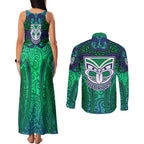 New Zealand Warriors Rugby Couples Matching Tank Maxi Dress and Long Sleeve Button Shirt Polynesian Tribal Warrior Mask Green Blue Pattern