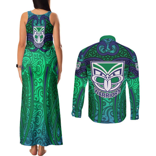 New Zealand Warriors Rugby Couples Matching Tank Maxi Dress and Long Sleeve Button Shirt Polynesian Tribal Warrior Mask Green Blue Pattern