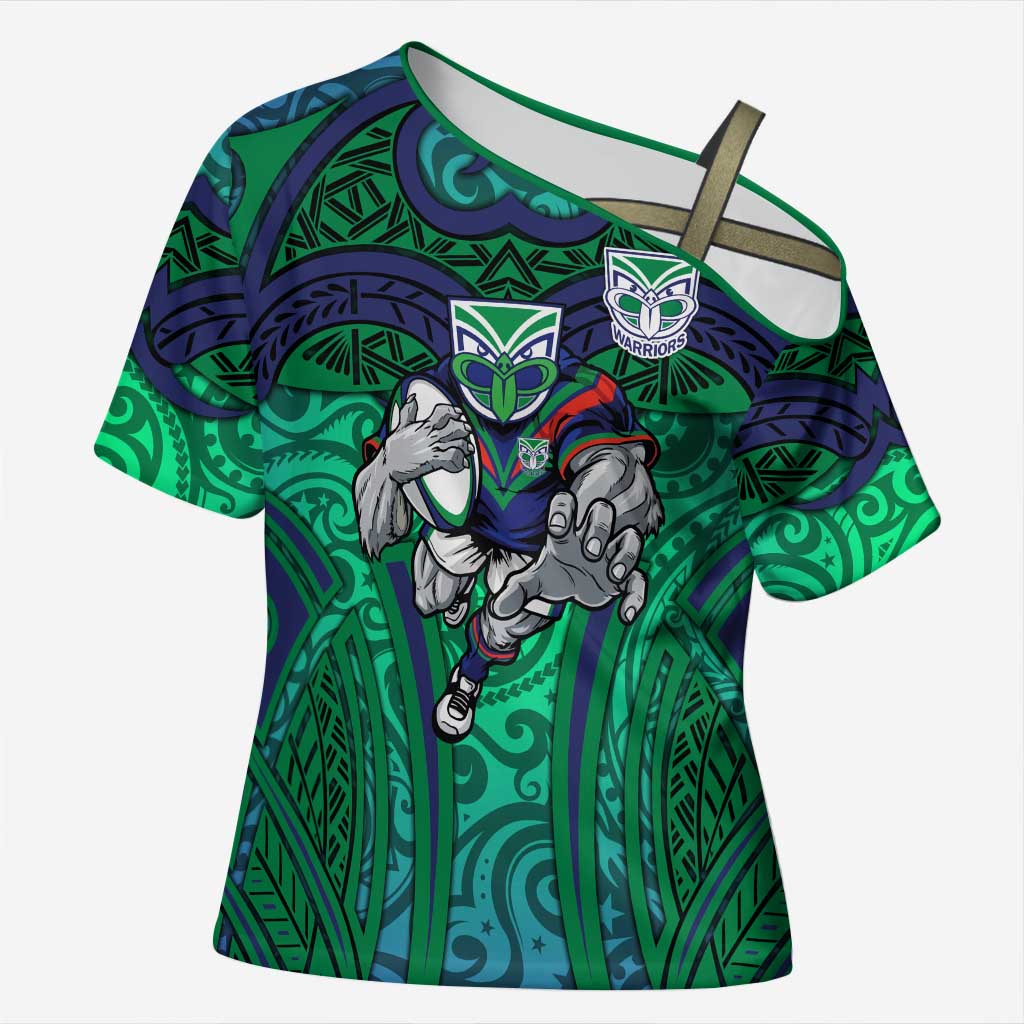 New Zealand Warriors Rugby Cross Shoulder Shirt Polynesian Tribal Warrior Mask Green Blue Pattern